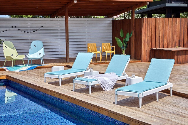Enjoy every sunny day with Tahiti chaise lounge! Chaise lounge by pool.