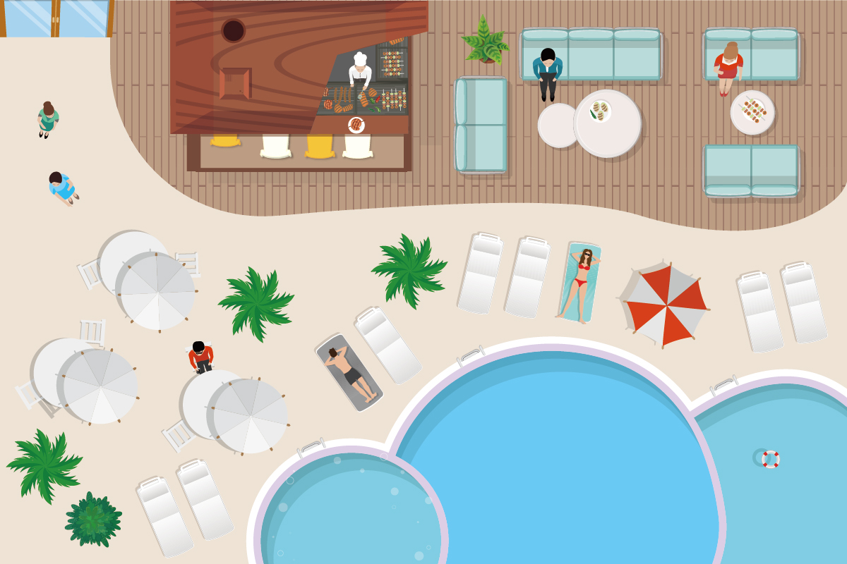 Sof&aacute; y loveseats junto a la piscina.Sala esquinera